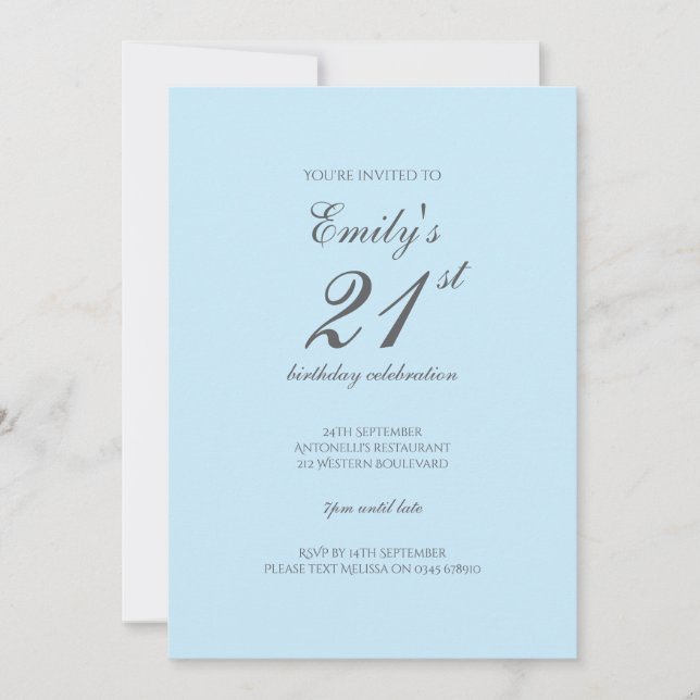 Invitación Baby Blue Minimalist 21st Birthday Invitation (Anverso)