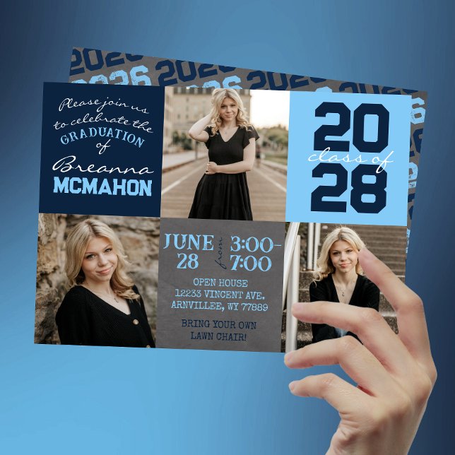 Invitación Baby Blue & Navy Chalkboard 3 Graduación fotográfi (Baby Blue and Navy Chalkboard 3 Photo Graduation Invitations)
