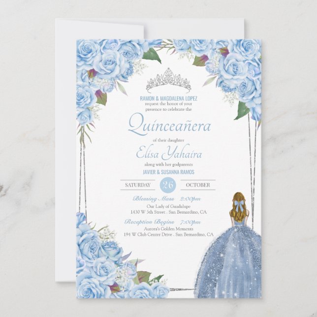 Invitación Baby Blue Quinceanera Cinderella Princess Birthday (Anverso)