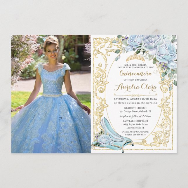 Invitación Baby Blue Roses Cinderella Quinceañera Photo (Anverso)