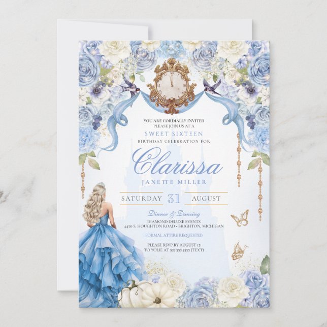 Invitación Baby Blue Royal Princess Dulce Dieciséis Cumpleaño (Anverso)
