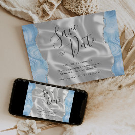 Invitación Baby Blue Silver Agate Blanco Save the Date