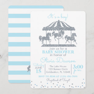 Invitación Baby Blue & Silver CarousBoy Baby Shower