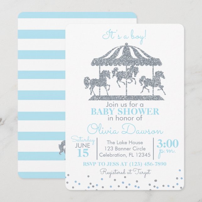 Invitación Baby Blue & Silver CarousBoy Baby Shower (Anverso / Reverso)