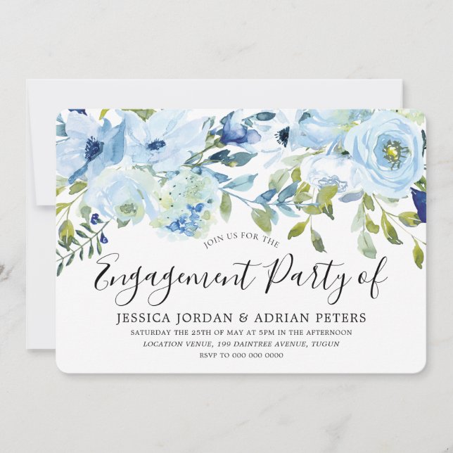 Invitación Baby Blue Watercolor Flowers Engagement Party (Anverso)