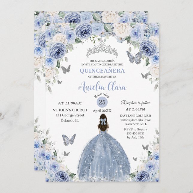 Invitación Baby Blue White Floral Princess Quinceañera XV 16 (Anverso / Reverso)