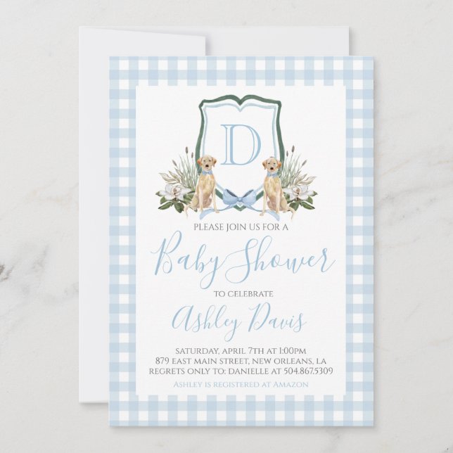 Invitación Baby Boy Baby Shower Preppy Dog Southern Gingham (Anverso)
