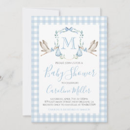 Invitación Baby Boy Baby Shower Preppy Stork Gingham Blue