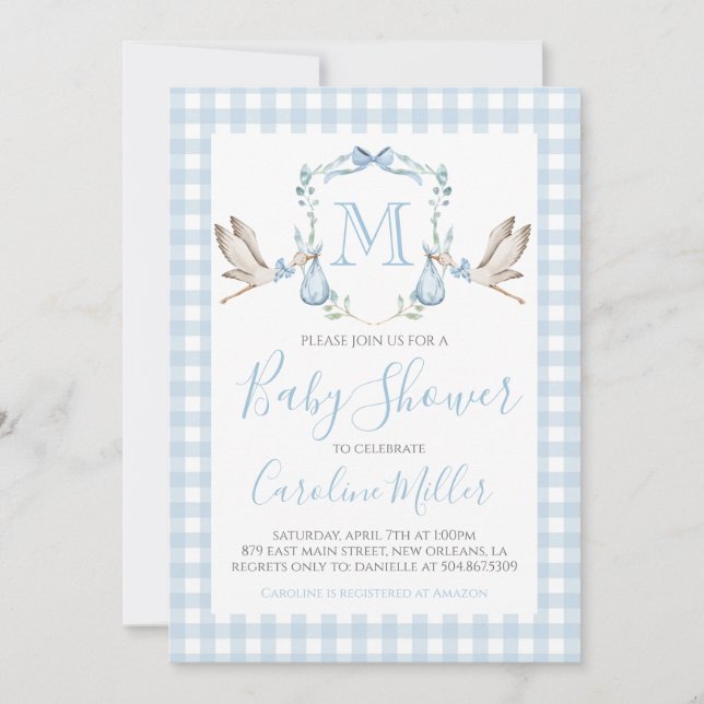 Invitación Baby Boy Baby Shower Preppy Stork Gingham Blue (Anverso)