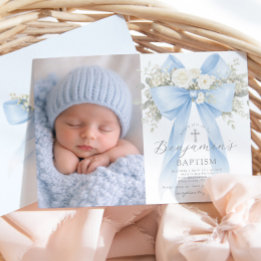 Invitación Baby Boy Baptism Photo Floral Eucalyptus Bow