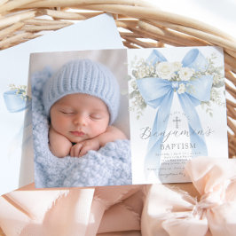 Invitación Baby Boy Baptism Photo Floral Eucalyptus Bow