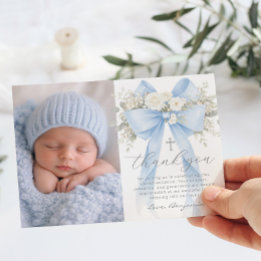 Invitación Baby Boy Baptism Photo Floral Thank you Card