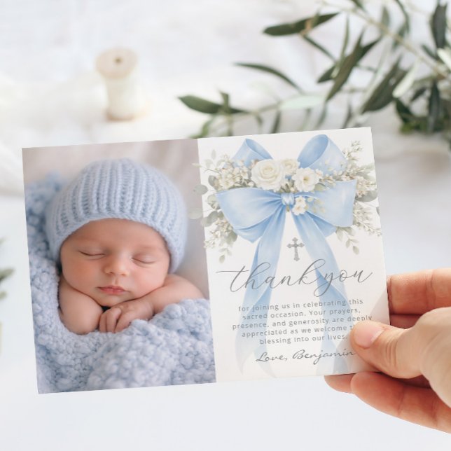 Invitación Baby Boy Baptism Photo Floral Thank you Card (Subido por el creador)