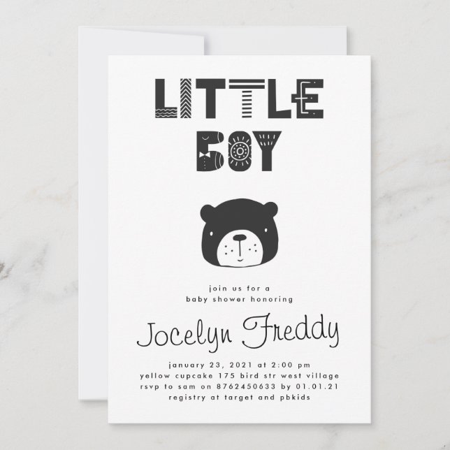 Invitación Baby Boy Bear Baby Shower blanco y negro (Anverso)