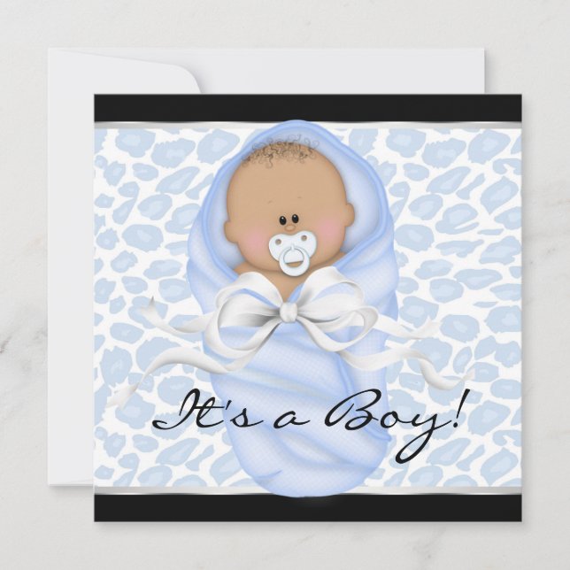 Invitación Baby Boy Black Blue Leopard Baby Shower (Anverso)