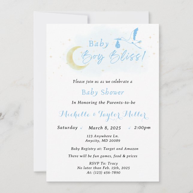 Invitación Baby Boy Bliss Stork Special Delivery (Anverso)
