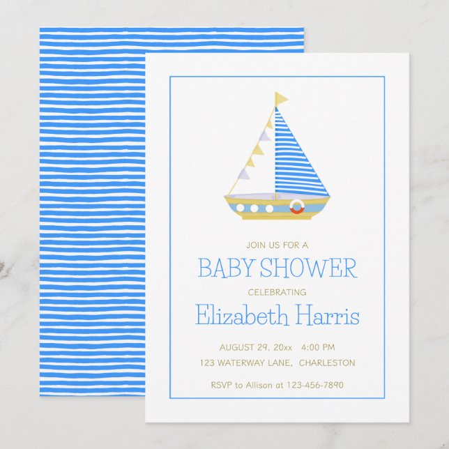 Invitación Baby Boy Blue and White Sailboat Baby Shower (Anverso / Reverso)