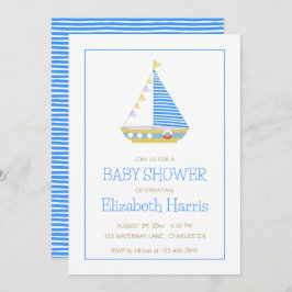 Invitación Baby Boy Blue and White Sailboat Baby Shower