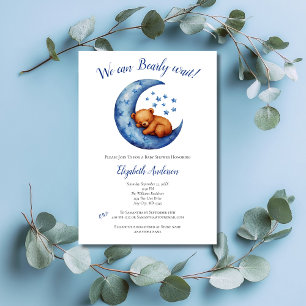 Invitación Baby Boy Blue Bear Moon Bearly Wait Baby Shower