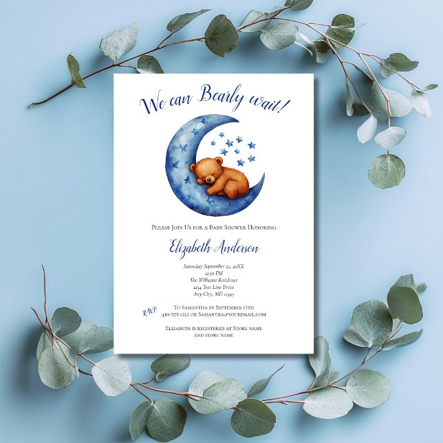 Invitación Baby Boy Blue Bear Moon Bearly Wait Baby Shower (Baby Boy Baby Shower invitation, We Can Bearly Wait, Baby Bear in Blue Moon with Stars)