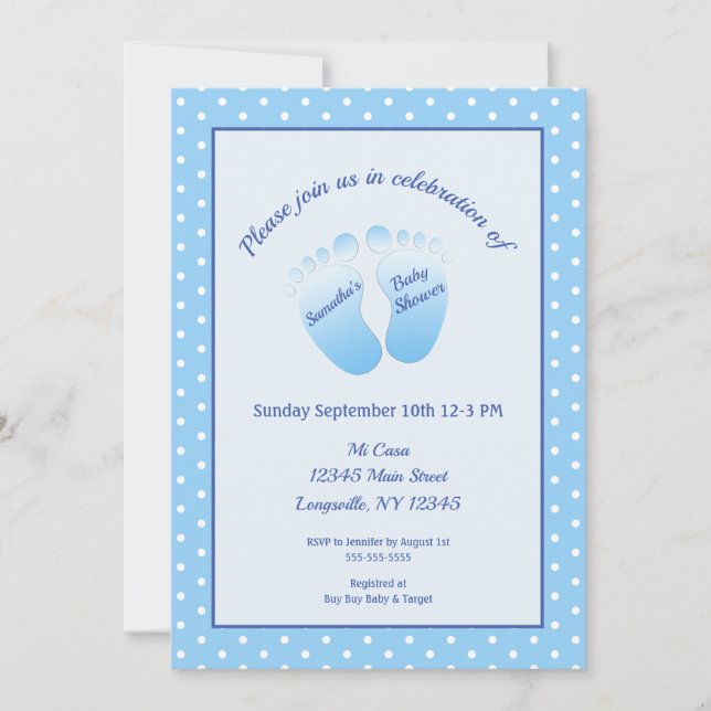 Invitación Baby Boy Blue Feed Baby Shower Polka Dot (Anverso)