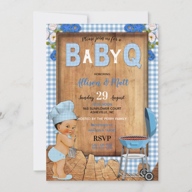 Invitación Baby Boy Blue Gingham Flores de Madera Bebé Q Barb (Anverso)