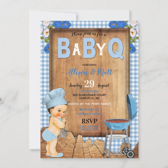 Invitación Baby Boy Blue Gingham Madera Flores Baby Q Barbaco (Anverso)