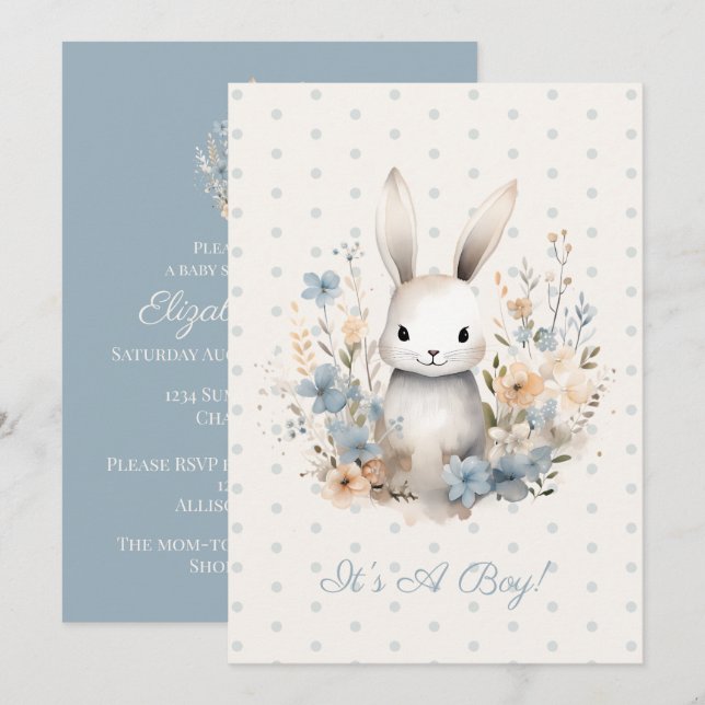 Invitación Baby Boy Blue Rabbit and Flowers Baby Shower (Anverso / Reverso)