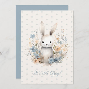 Invitación Baby Boy Blue Rabbit and Flowers Baby Shower