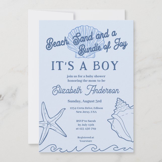 Invitación Baby Boy Blue Summer Baby Shower Beach (Anverso)