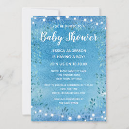 Invitación Baby Boy Blue Watercolor String Light Baby Shower