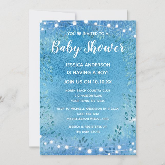 Invitación Baby Boy Blue Watercolor String Light Baby Shower (Anverso)
