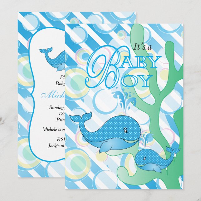 Invitación Baby Boy Blue Whale Baby Shower (Anverso / Reverso)