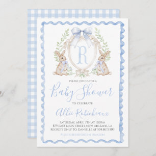 Invitación Baby Boy Bunny Rabbit Shower Preppy Blue Gingham
