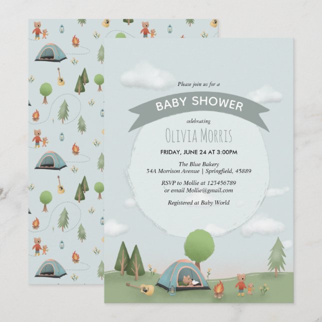 Invitación Baby Boy Cute Blue Camping Forest Bear Baby Shower (Anverso / Reverso)