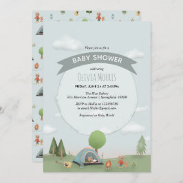 Invitación Baby Boy Cute Blue Camping Forest Bear Baby Shower