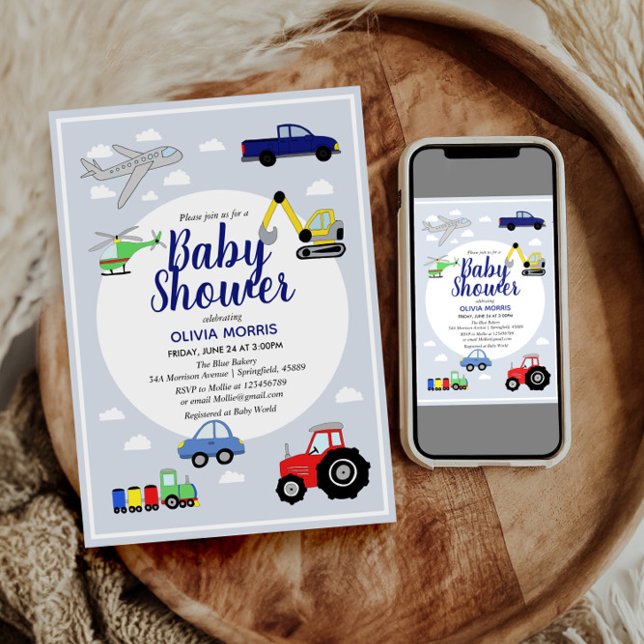 Invitación Baby Boy Cute Blue Car Train Transport Baby Shower (Subido por el creador)