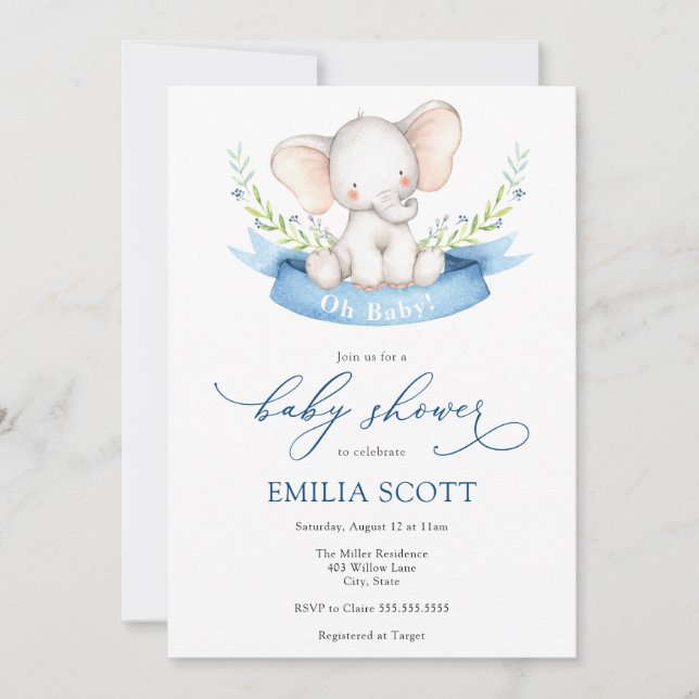 Invitación Baby Boy Elephant Baby Shower (Anverso)