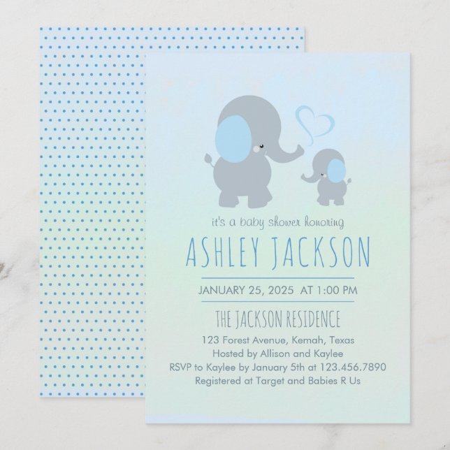 Invitación Baby Boy Elephant Baby Shower (Anverso / Reverso)