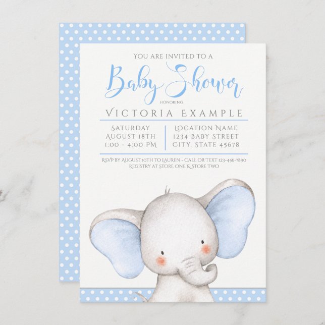 Invitación Baby Boy Elephant Baby Shower (Anverso / Reverso)