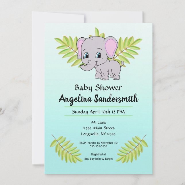 Invitación Baby Boy Elephant Blue Ombre Cumbre Baby Shower (Anverso)