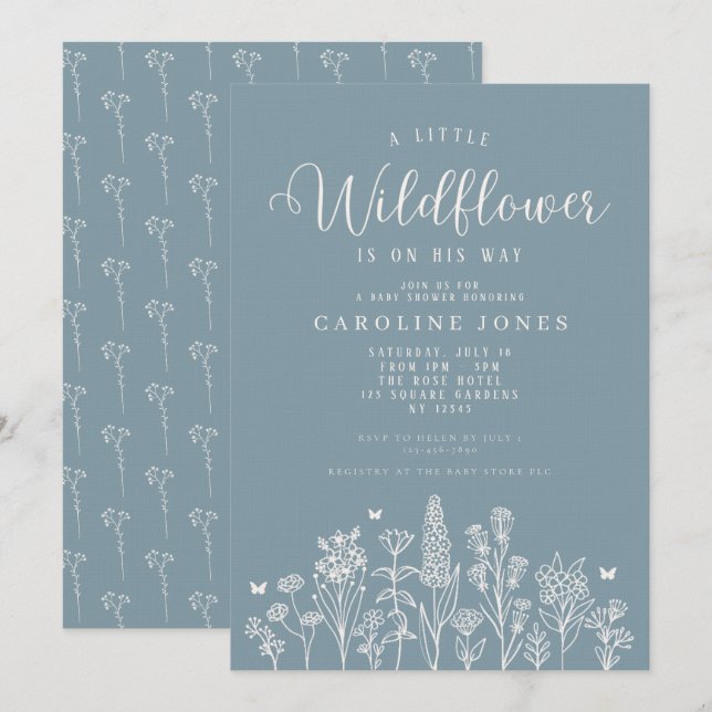 Invitación Baby Boy Little Wildflower Blue Baby Shower (Anverso / Reverso)