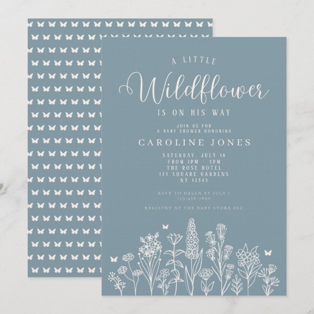 Invitación Baby Boy Little Wildflower Blue Baby Shower (Anverso / Reverso)