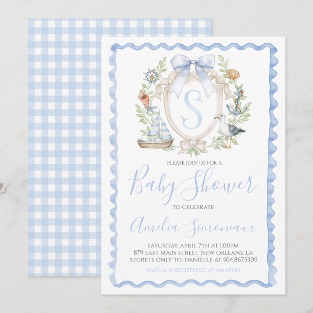 Invitación Baby Boy Náutica Ducha Preppy Vela Azul (Anverso / Reverso)