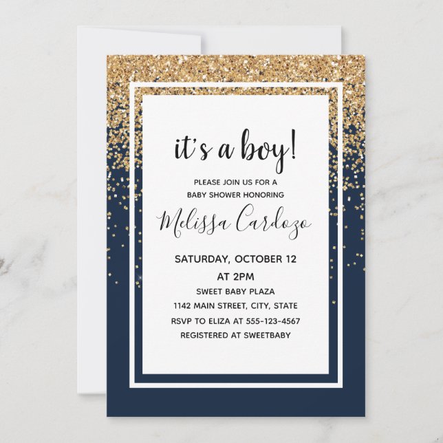Invitación Baby Boy Navy Blue Purpurina Baby Shower (Anverso)