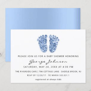 Invitación Baby Boy Purpurina de pies de ducha azul blanco
