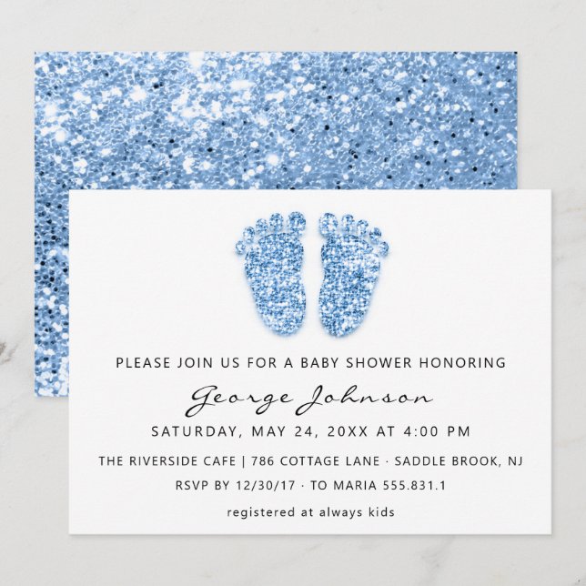 Invitación Baby Boy Purpurina de pies de ducha azul blanco Lu (Anverso / Reverso)