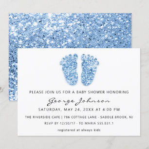Invitación Baby Boy Purpurina de pies de ducha azul blanco Lu
