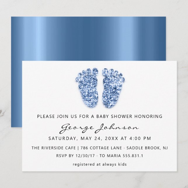 Invitación Baby Boy Purpurina de pies de ducha azul blanco VI (Anverso / Reverso)