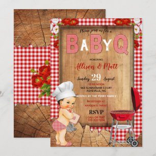 Invitación Baby Boy Red Gingham Flores de Madera Bebé Q Barbe